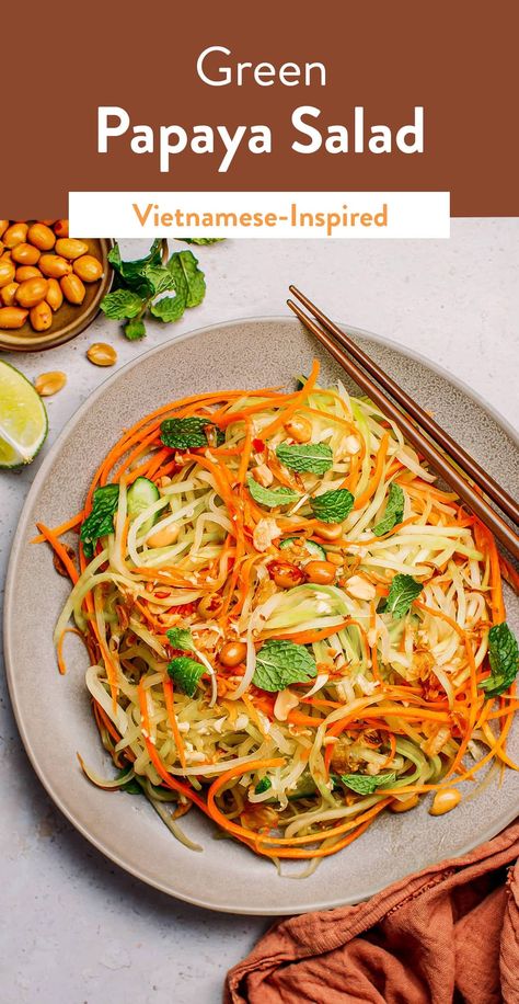 Green Papaya Salad (Vietnamese-Inspired!) - Full of Plants Vegan Papaya Salad, Vietnamese Papaya Salad Recipe, Vietnamese Papaya Salad, Salad Cabbage, Veggies Roasted, Vietnamese Salad, Beverages Recipes, Ital Food, Food Processor Uses