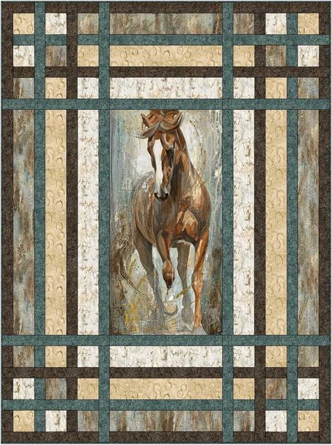 Plaid and a Panel Quilt Kit - Spirited Horses - 6573944429564 Wildlife Quilts, Western Quilts, Panel Quilt Patterns, Horse Quilt, Fabric Panel Quilts, Horse Fabric, Villa Rosa, Jelly Roll Quilt Patterns, Quilt Of Valor