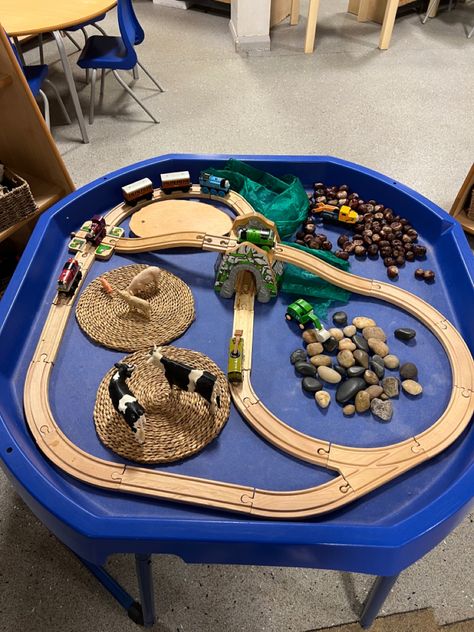 Small world train track activity Reception Classroom, Transportation Activities, Tuff Spot, Eyfs Classroom, Tuff Tray, Train Activities, Small World Play, Early Childhood Education, Small World