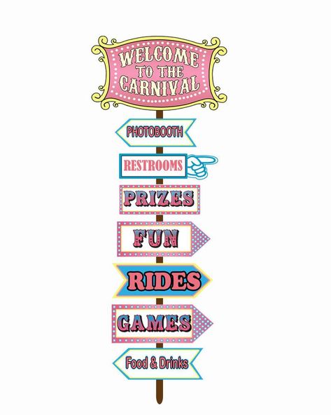 Carnival Theme Party Decorations, Carnival Game Signs, Pastel Carnival, Carnival Party Favors, Carnival Theme Party, Carnival Signs, Direction Signs, Circus 1st Birthdays, Carnival Party Decorations