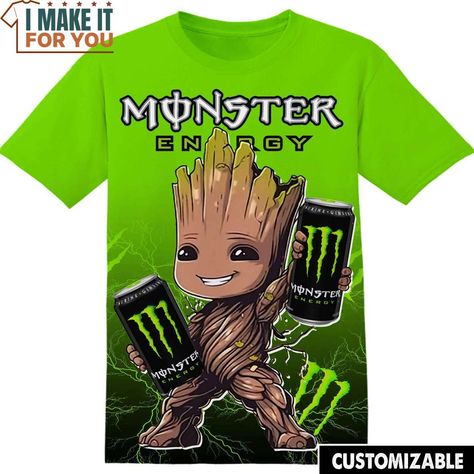 Mr Energy Marvel Groot Tee, Funny Gift for Mens Check more at https://imakeitforyou.com/product/mr-energy-marvel-groot-tee-funny-gift-for-mens/ Groot Tshirt, Versace T Shirt, Monster Energy, Running Shirts, 3d T Shirts, Mixing Fabrics, Trending Gifts, Wearable Art, Funny Gifts