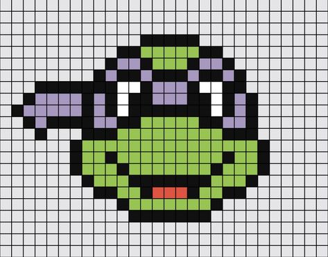 A pixel art template of (purple ribboned) Donatello's face from Teenage Mutant Ninja Turtles the cartoon. Tmnt Pixel Art, Face Pixel Art, Crochet Ninja Turtle, Crochet Patches, Turtle Quilt, Easy Pixel Art, Pixel Art Templates, Pony Bead Patterns, Pixel Drawing