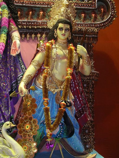 Kartikeya worshipped in Durga Puja in Kolkata. Kartikeya also known as Kartik, Kartika or Kartik Thakur, is also worshipped in West Bengal, and Bangladesh on the last day of the Hindu month of Kartik. He is the Lord of male-fertility and good harvest. Kartik Thakur, Vishnu And Shiva, Lord Kartikeya, Durga Puja Kolkata, Festival Quotes, Male Fertility, Lord Shiva Statue, Jai Hanuman, Ganesh Images