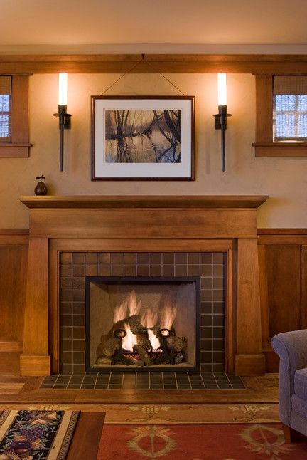 Craftsman Fireplace Mantels, Craftsman House Interior, Craftsman Family Room, Craftsman Style Fireplace, Arts And Crafts Fireplace, Family Room Art, Craftsman Interiors, Craftsman Fireplace, Arts And Crafts Bungalow