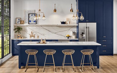 Naval SW 6244 | Blue Paint Colors | Sherwin-Williams Painted Brick House, Indigo Batik, Sherwin Williams Colors, Blue Paint Colors, Blue Cabinets, Elegant Kitchens, Painted Brick, Blue Kitchens, Painting Kitchen Cabinets