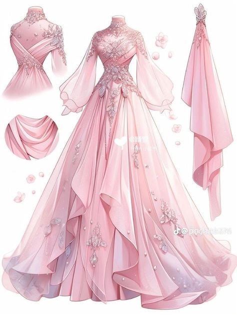 Pink Beautiful Dress, Long Dress Drawing Reference, Long Pink Dress Aesthetic, Pink Dress Drawing, Louise Core, Dress Designing Ideas, Magical Dress, Dreamy Gowns, Dress Design Drawing