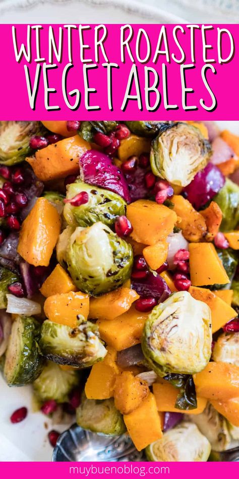 Looking for a nice blend of winter roasted vegetables? Here is a fantastic salad that is loaded with winter squash, red onion, brussels sprouts, pomegranates and more. Sweet, savory, and loaded with nutrients in each bite. Roasted Butternut Squash And Brussel Sprouts, Bueno Recipes, Oven Roasted Butternut Squash, Roasted Veggies In Oven, Autumn Recipes Vegetarian, Sprouts Recipe, Holiday Turkey, Roasted Brussel, Butternut Squash Recipes