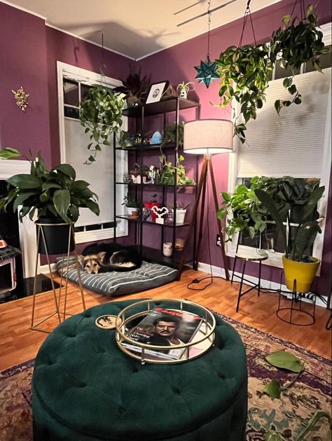 Maximalist Green Living Room, Dark Purple Walls Living Room, Purple Maximalist Living Room, Purple Boho Living Room, Purple And Green Apartment Decor, Purple Paint Room Ideas Bedrooms, Plum Room Decor, Forest Green Living Room Ideas, Purple Green Room Aesthetic