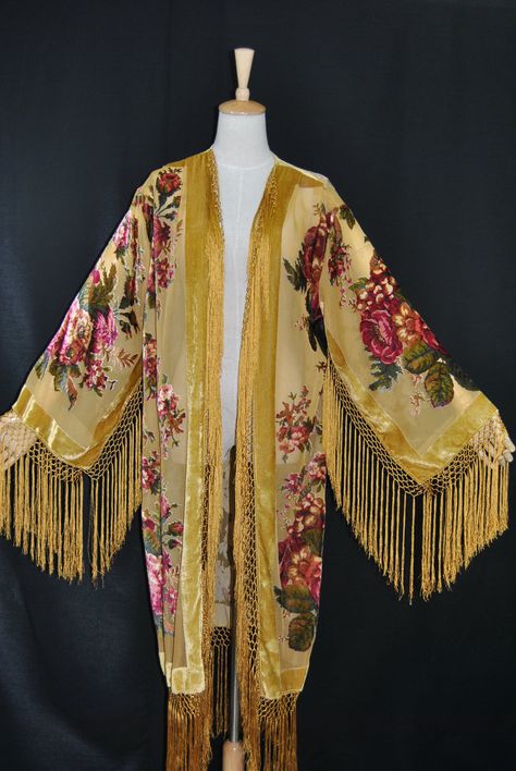 gypsy Velvet Fringe Kimono, Velvet Fringe, Opera Coat, Fringe Kimono, Kimono Duster, Burnout Velvet, Velvet Coat, Fringe Jacket, Velvet Jacket