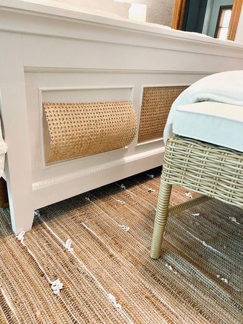 WHITE AND CANE BED DIY - Classically Modern Life, Style & Home Adding Cane Webbing To Cabinets, White And Rattan Bedroom, Upcycled Bed Frame, Caning Furniture Diy, Rattan Furniture Diy, Ratan Bed, Rattan Headboard Bedroom Ideas, Diy Rattan Headboard, Diy Rattan Furniture