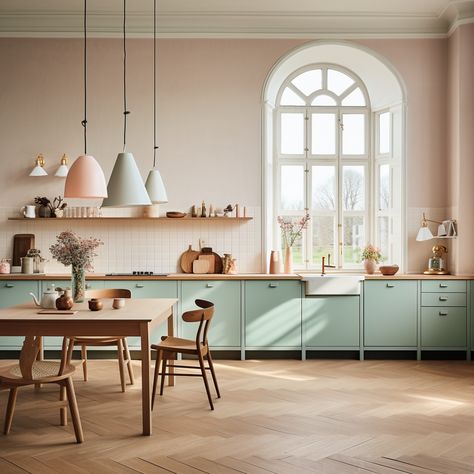 Jamie Oliver Kitchen Design, Peach And Blue Kitchen, Sage And Pink Kitchen, Abi Kitchen, Green Pastel Kitchen, Peach Kitchen Cabinets, Green Kitchen Cupboards, Light Green Kitchen, Sage Kitchen