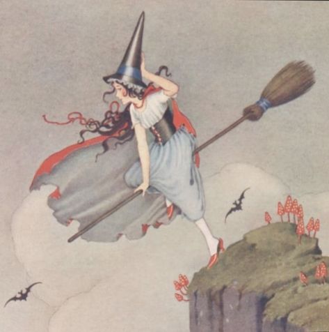 Ida Rentoul Outhwaite, Fairy Tale Art, Witch Illustration, Witch On A Broom, Witch Vintage, Witch Drawing, Nature Witch, A Broom, Vintage Witch