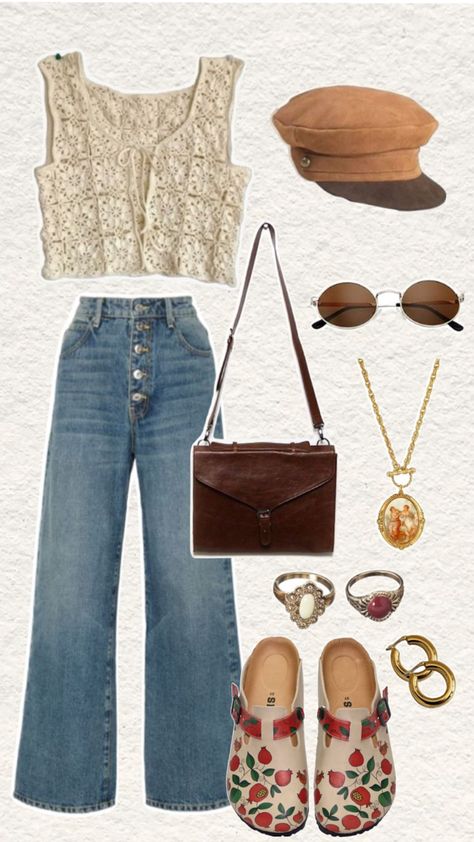 Outfit with pomegranate clogs, lace top, bell bottom jeans, sunglasses, a purse, a paper boy hat, and gold jewelry Southern Outfits, Fashion Design Clothes, Dream Clothes, New Wardrobe, Comfy Outfits, Cute Casual Outfits, New Outfits, Aesthetic Clothes, Fashion Inspo Outfits