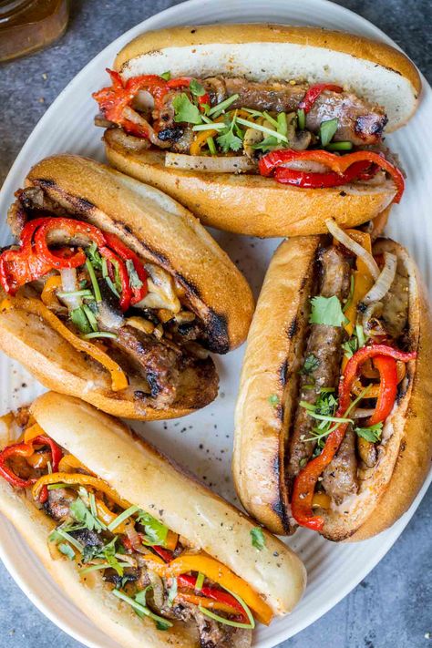 The BEST recipe for grilled Italian mild sausages with peppers, onion and mushrooms and served in a hoagie roll, easy for grilling. Grilled Sausage Recipes, Meatball Sandwich, Sausage Sandwiches, Tasty Meatballs, Mild Italian Sausage, Sausage Recipe, Grilled Sausage, Easy Grilling, Tailgating Recipes