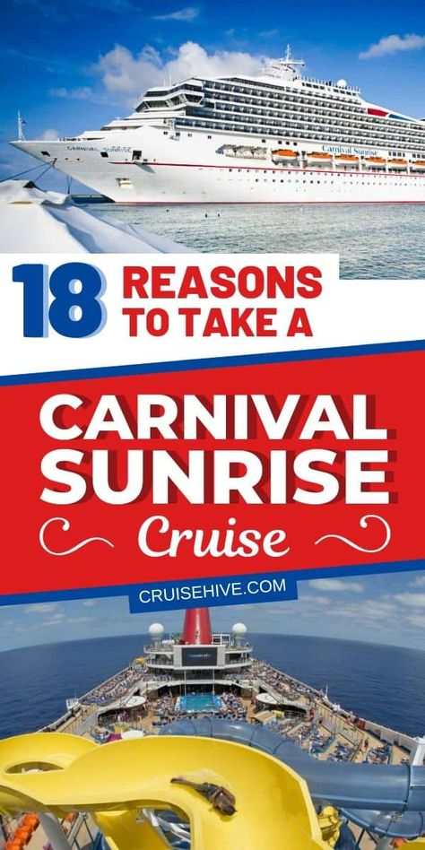 Take a look at these 18 reasons to take a Carnival Sunrise cruise vacation. Covering the best things to on the ship which is operated by Carnival Cruise Line. via @cruisehive Carnival Sunshine Ship, Carnival Sunrise, Carnival Cruise Tips, Carnival Sunshine, Carnival Cruise Ships, Cruise Planning, Bahamas Cruise, Cruise Liner, Cheap Cruises