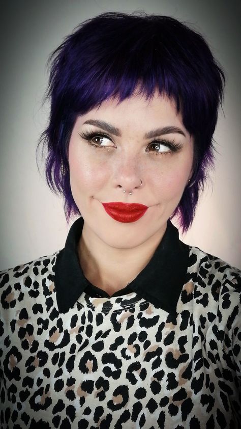 Purple Rain Hair Short Pixie Mullet Haircut For Women, Short Punky Hairstyle Women, Purple Mullet Hair, Purple Pixie Haircut, Pixie Mullet Haircut, Mullet Styling, Purple Rain Hair, Purple Mullet, Short Haircuts Ideas