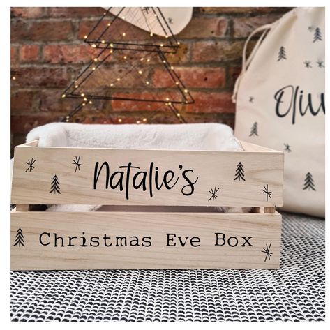 Christmas Eve Crate, Personalised Christmas Eve Box, Tree Stickers, Christmas Eve Box, Cricut Creations, Star Stickers, Paper Toys, A Name, Christmas Baby