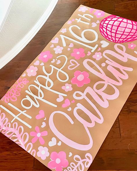 The cutest pink theme for this surprise birthday banner!! 🌷💗🪩 Pink Birthday Surprise, Sweet 16 Banner Ideas, Butcher Paper Banner Birthday, Birthday Signs Diy Poster, Painted Banner Ideas, Butcher Paper Banner, Painted Birthday Banner, Birthday Poster Ideas, Pink Birthday Banner