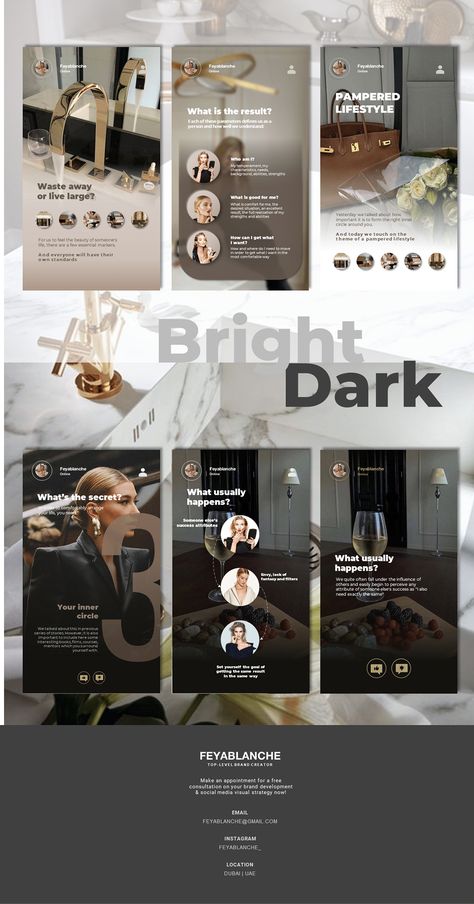 Beige | Black Instagram Stories - Secret of Success on Behance Black And Beige Instagram Feed, Modern Instagram Story Design, Dark Social Media Design, Success Story Design, Luxury Social Media Design, Business Instagram Story Ideas, Black Instagram Feed, Story Design Instagram, Luxury Instagram Story