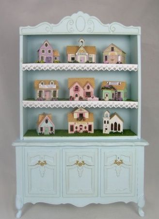 Dollhouse Village, Miniature Hutch, Mini Doll House, Glitter Houses, Putz Houses, Miniature Rooms, Dollhouse Kits, Stained Glass Designs, Miniature Houses