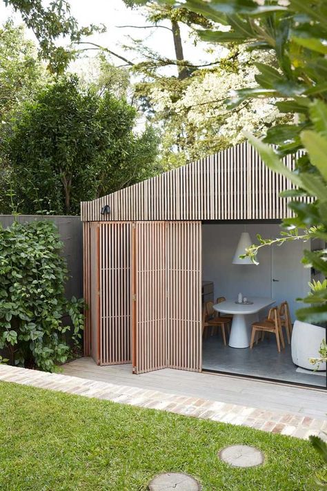 The Pool House | Briony Fitzgerald Design | Architecture & Design Pool Cabana Ideas, Pool House Cabana, Simple Architecture, Backyard Cabin, Simple Pool, Pool Shed, Victorian Renovation, Recycled Brick, Pool Cabana