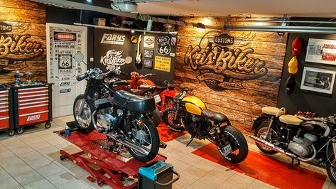 yes, this is a real place. KrisBiker Customs in Poland Atv Garage, Harley Garage, Detached Garage Designs, Dream Motorcycle, Garage Workshop Layout, Man Garage, Motorcycle Workshop, Workshop Layout, Garage Loft