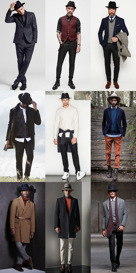 Men's Fedora Hat Outfit Inspiration Lookbook Mens Fedora Hat Outfit, Fedora Hat Men Outfits, Hat Styles Men, Hat Men Outfit, Hat Outfit Winter, Fedora Hat Outfit, Fedora Outfit, Fedora Hat Outfits, Mens Fedora Hat