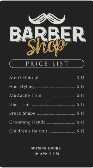 Black and Gold Masculine Barber Shop Price List Canva Template Ej Logo, Childrens Haircuts, How To Trim Mustache, Bread Shaping, Price List Template, Hair Trim, List Template, Price List, Canva Template