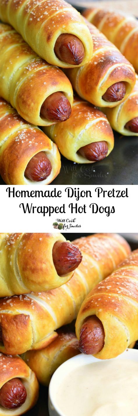 Homemade Dijon Pretzel Wrapped Hot Dogs with Maple Dijon Dipping Sauce! The BEST hot dogs in the world are the hot dogs that have been wrapped with soft, homemade Dijon pretzel Dijon Dipping Sauce, Best Hot Dogs, Pretzel Dogs, Wrapped Hot Dogs, Hot Dogs Recipes, Homemade Pretzels, Hot Dog Recipes, Weiners, Dog Recipes