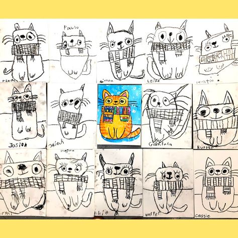 Cat Art Projects For Kids, Shapes Lessons, Winter Art Lesson, Winter Drawings, Kindergarten Art Lessons, Cassie Stephens, Kindergarten Art Projects, Winter Art Projects, 2nd Grade Art