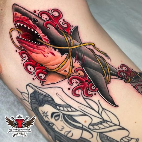 Neotraditional Shark Tattoo Design, Great White Shark Tattoo Traditional, Neo Trad Shark Tattoo, Shark Tattoo Color, Neo Traditional Shark Tattoo, Different Types Of Tattoos, Traditional Shark Tattoo, Blue Ink Tattoos, Cool Tattoo Drawings