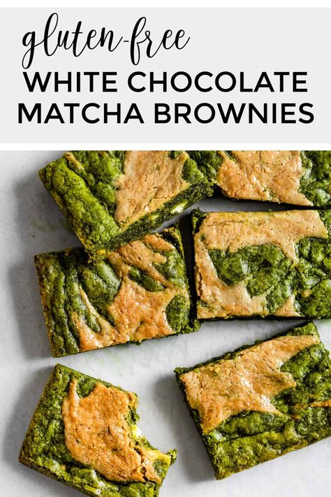 Chewy gluten-free white chocolate matcha brownies with tahini swirl. Nutty, earthy, with a smooth sweetness. Chocolate Matcha Brownies, White Chocolate Matcha, Aesthetic Recipes, Matcha Brownies, Matcha White Chocolate, White Chocolate Brownies, Matcha Dessert, Best Matcha, Matcha Recipe