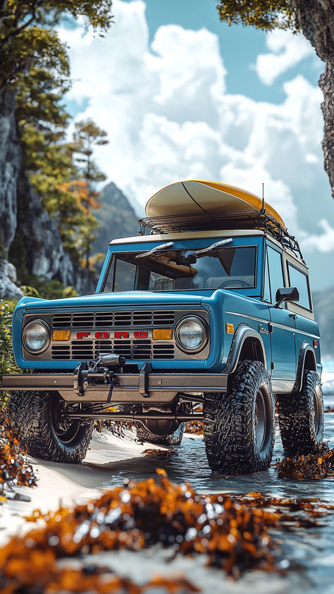 A 70s vintage Ford Bronco parked on sandy beach near the ocean, capturing a cool retro aesthetic Vintage Ford Bronco Aesthetic, Ford Bronco Old, 70s Bronco, Retro Bronco, Ford Bronco Aesthetic, Bronco Aesthetic, Ford Aesthetic, Vintage Ford Bronco, Old Ford Bronco