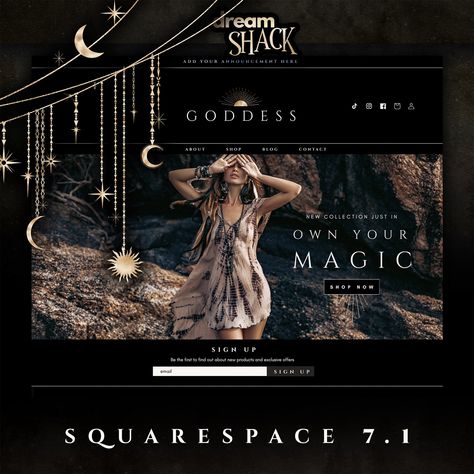 Create the website of your dreams with the Goddess Squarespace template This dark, boho Squarespace template has been professionally designed to make you stand out!  View the live demo - https://goddess-theme.squarespace.com/ Password - dreamshack 🌲 Who is this theme for?🌲  This is a completely uniquely magical Squaresace Theme, and comes complete with dark boho  Illustrations for you to switch in and out The Goddess Squarespace template is super COOL, super creative and completely different t Boho Website, Boho Store, Dark Boho, Metaphysical Store, Squarespace Template, Footer Design, Shopify Templates, Shopify Website Design, Shopify Design