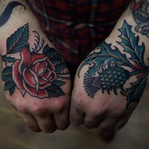 Hand Tattoos Pictures, Hand Tattoo Images, Thistle Tattoo, Skull Hand Tattoo, Flower Tattoo Back, Traditional Tattoo Sleeve, Flower Tattoo Shoulder, Flower Tattoo Sleeve, Different Tattoos