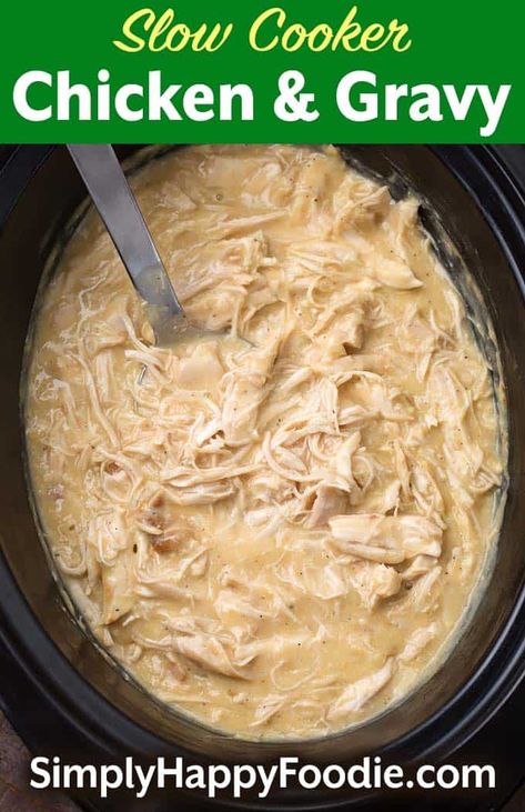 Slow Cooker Chicken and Gravy is an easy, delicious meal that the whole family will enjoy. Made with fresh chicken breasts and a gravy mix, this is total comfort food! Serve this crock pot chicken and gravy over mashed potatoes or rice. simplyhappyfoodie.com #chickenandgravy #slowcookerchicken #crockpotchicken Creamed Chicken Over Biscuits Crockpot, Chicken And Gravy Crockpot Recipes, Crockpot Chicken And Gravy Slow Cooker, Chicken And Gravy Over Rice, Chicken N Gravy, Chicken Gravy Crockpot, Chicken And Biscuits Crockpot, Chicken And Potatoes Crock Pot, Crockpot Chicken Gravy