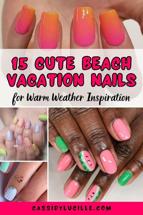 Looking to add a creative touch to your manicure during your beach vacation? Discover 15 cute beach vacation nails for warm weather inspiration here. From unexpected colors to, summery, and vibrant nail art, these 2023 beach vacation nail ideas are perfect for embracing the warm weather and trying something new. Check out these beach themed summer nails now! Hawaii Nail Colors, Beach Vacation Gel Nails, Mexico Manicure Ideas, Nails For A Beach Vacation, Beach Manicure And Pedicure, Beach Theme Makeup, Caribbean Holiday Nails, Cruise Mani And Pedi, Tropical Pedicure Ideas