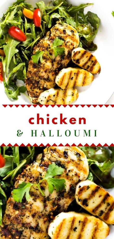 Looking for a main dish salad recipe that is healthy and delicious? This Chicken and Halloumi is for you! It pairs together perfectly and grilling halloumi renders the outside crispy while the inside softens lusciously. A summer favorite for sure! Warm salty cheese with tender grilled chicken, peppery arugula, and sweet tomatoes. You'll want to PIN this! #wendypolisi #HalloumiRecipes #ChickenandHalloumi #chickenrecipes #halloumi #summersalads Chicken And Halloumi, Main Dish Salad Recipes, Grilled Chicken Tenders, Halloumi Salad, Grilled Halloumi, Vinegar Dressing, Baby Arugula, Main Dish Salads, Low Carb Recipes Dessert