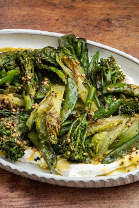 Charring lettuce may seem strange but it adds another dimension of flavour to the leaves, bringing lots of interest to this moreish salad. Try mixing different greens for the best results; we like to use tenderstem broccoli and sugar snap peas, but asparagus would also work well. It’s served on a creamy base of whipped lemony ricotta, and topped with a dressing made with toasted spices, for pops of flavour. Different Greens, Maple Dressing, Tenderstem Broccoli, Whipped Ricotta, Great British Chefs, Salad Leaves, Clean Food Crush, Another Dimension, Sugar Snap Peas