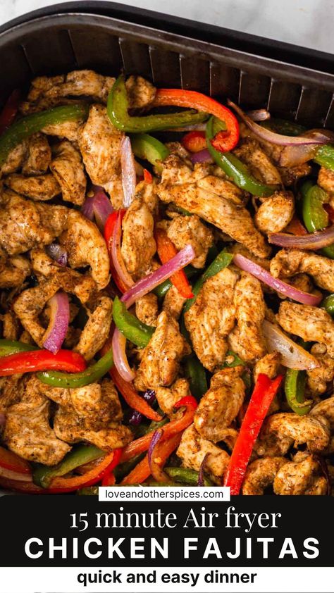 Make these Air fryer chicken fajitas for a quick and easy weeknight dinner in just 15 minutes. This fajita recipe is so flavorful with homemade fajita seasoning, succulent chicken, and crunchy peppers and onions. Let me show you how to make this Mexican delight turned into a modern-day fast-food favorite. Air Fryer Chicken Fajitas, Fajita Mix, Fajita Seasoning Mix, Fajita Vegetables, Homemade Fajita Seasoning, Chicken Fajita Recipe, Chicken Fajita, Air Fried Chicken, Air Fryer Recipes Chicken