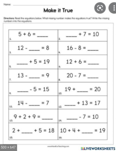 Missing Number Addition Worksheets, Missing Number Worksheets, Number Worksheets Kindergarten, Addition Worksheet, Teaching Addition, Math Practice Worksheets, Sequencing Worksheets, Addition And Subtraction Worksheets, Have Fun Teaching