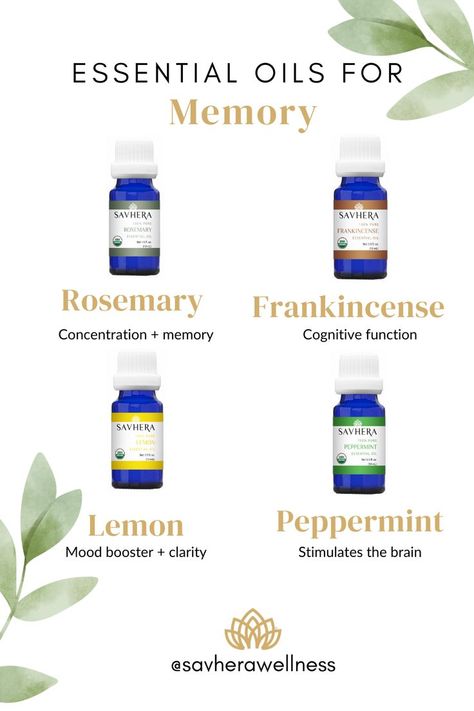 essential oil bottles, rosemary, frankincense, lemon, and peppermint, which help with memory Memory Boosters Brain, Essential Ouls, Essential Oils For Memory, Improving Memory, Eo Blends, Medicinal Herbs Garden, Improve Your Memory, Herbs Garden, Essential Oil Diffuser Blends