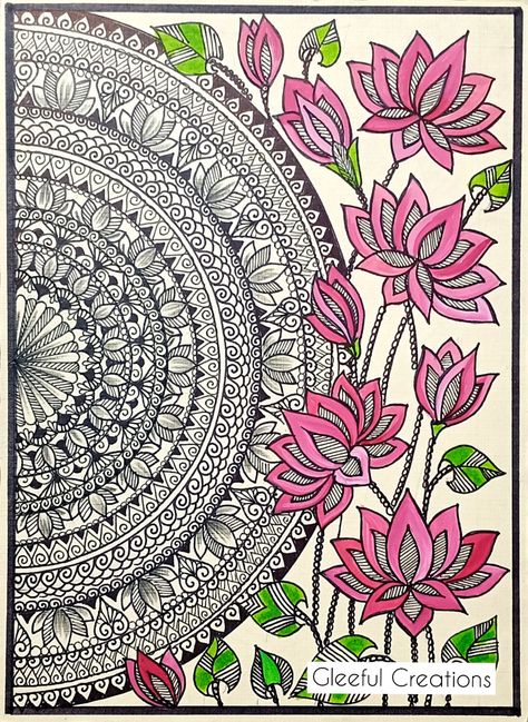 Madhubani Art On Canvas, Madhubani Art Wall Hangings, Gujarat Drawing, Mandala Flower Drawing, Pink Drawing Ideas, Madhubani Mandala, Drawing Ideas Flowers, Warli Paintings, Buddha Canvas Art