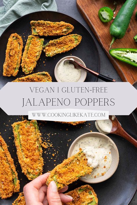 Crispy and flavorful, these Vegan Gluten-Free Air-Fried Jalapeños Poppers are the ultimate plant-based snack and appetizer. Vegan Stuffed Jalapeno Peppers, Healthy Jalapeno Poppers, Dairy Free Jalapeno Poppers, Vegetarian Jalapeno Poppers, Gluten Free Jalapeno Poppers, Jalapeños Poppers, Fried Jalapeños, Fried Jalapeno Poppers, Vegan Jalapeno Poppers