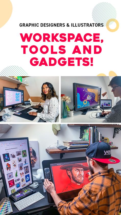 Whether you work from home, share a co-working space or work as a designer in a studio, having a comfortable workspace and professional tools is fundamental to fuel your creativity but it also helps to enhance your productivity! take a look at our tools and gadgets! Graphic Design Workspace, Graphic Designer Desk, Creative Workspace Inspiration, Artist Workspace, Design Studio Workspace, Art Tablet, Comfortable Workspace, Art Studio Space, Recording Studio Design
