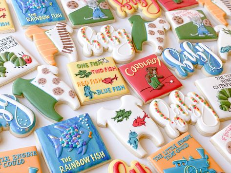 Book Baby Shower Cookies, Storybook Cookies, Caterpillar Cookies, Book Cookies, Kindergarten Graduation Party, Book Shower, Food Books, Storybook Baby Shower, Book Birthday