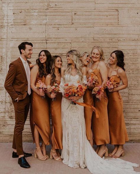 Brown Suit Wedding, Bridal Parties Colors, Fall Wedding Bridesmaids, Brown Bridesmaid Dresses, Rust Bridesmaid Dress, Wedding Parties Colors, Brown Wedding, Boho Bridesmaid, Bridesmaid Dress Colors