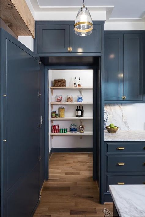 The most popular Farrow & Ball paint color is called Hague Blue, a rich a deep gorgeous blue. Wooden Pantry, Hidden Pantry, Hague Blue, Hidden Kitchen, Kitchen Organization Pantry, Farrow And Ball Paint, Kitchen Pantry Design, Kitchen Pantry Cabinets, Farrow And Ball