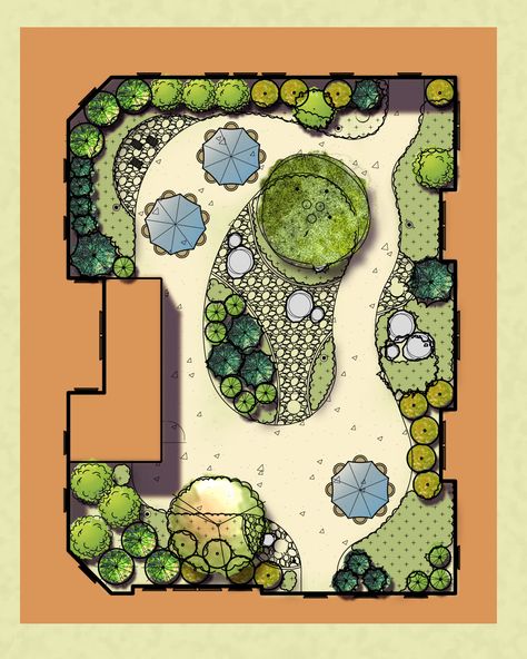 Plan rendering of the "zen" garden at Avita Assisted Living in Needham, MA.  Filled with ornamental grasses, Japanese Maples, and dry "river" beds, this courtyard is reminiscent of serene Asian garden designs. Japanese Garden Design Layout, Garden Design Drawing, Drawing Home, Plan Image, Zen Garden Design, Japanese Zen Garden, Garden Plan, Japanese Garden Design, Asian Garden