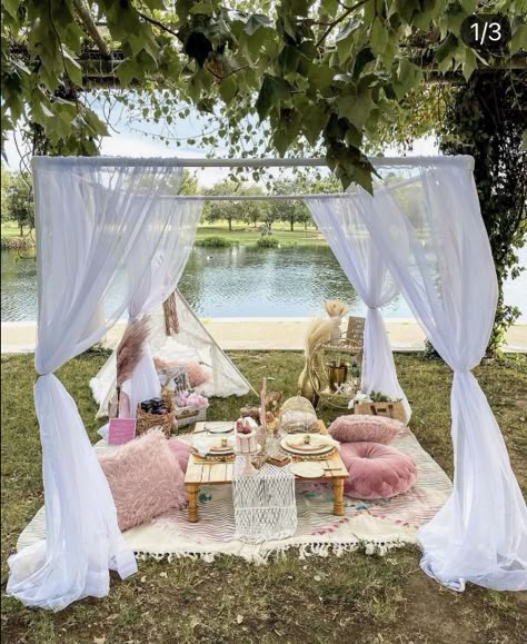 Picnic Shade Ideas, Picnic Tent Ideas, Boho Picnic Ideas, Luxury Picnic Ideas, Whimsical Picnic, Camp Diy, Picnic Business, Picnic Party Decorations, Aesthetic Picnic